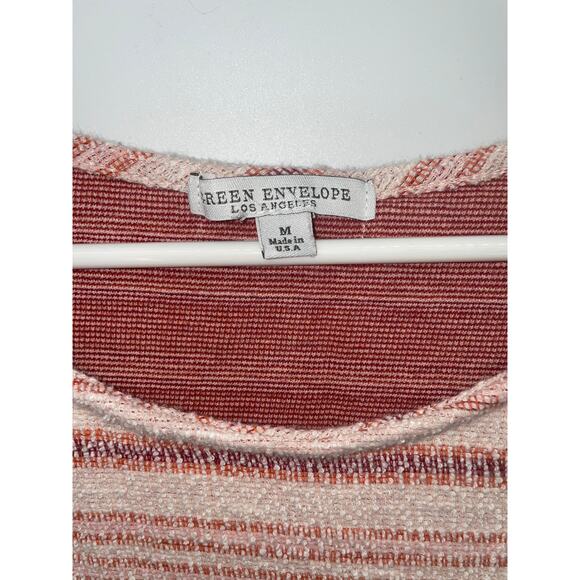 Green Envelope Pink Striped Short Sleeve T Shirt Raw Hem Round Neckline BOHO M‎ - Picture 6 of 7